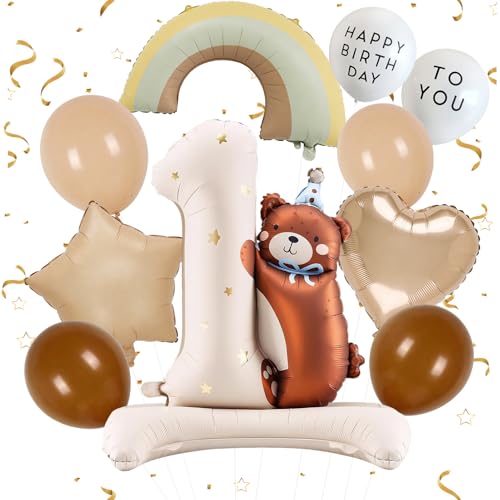 Bär Luftballon 1. Geburtstag, Bär Folienballon Set mit Regenbogen, Herz, Stern, Happy Birthday Ballon für Junge Mädchen, Geburtstagsdeko 1 Jahr für Babyparty, Foto Hintergrund