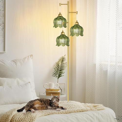 Image of ILLMTW Glass Floor Lamp for Living Room,Bedroom,Gold Mid Century Modern Standing Lamp Brass Tree 3 Light Tall Floor Lamps Vintage Retro Floor Lights Green Flower Lamp Shade Farmhouse Boho Bohemian