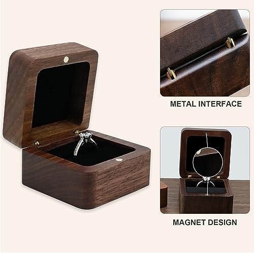 Movstriker Wooden Ring Box, Vintage Square Wedding Ring Box Engagement Ring Holder with Single Slot, Elegant and Retro Ring Storage Box for Proposal Wedding Ceremony