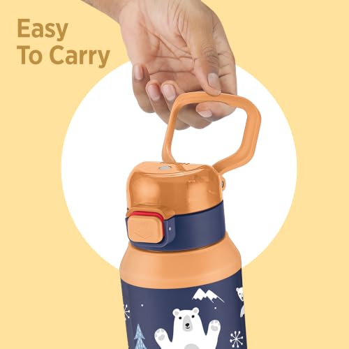 Image of Milton Steel Helio 600 Thermoware Water Bottle 520 ml with One Touch Safety Lock & Twin Lid Sip or Gulp, Long Hours Hot & Cold, Leak Proof, ISI Certified, PU Insulated, for Kids, School, Light Orange