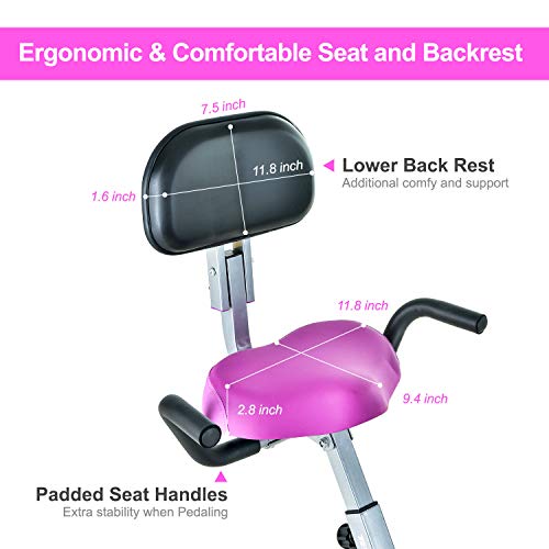 Folding Exercise Bike Portable Upright Adjustable Backrest Cycling Recumbent Stationary Bike Slim Indoor Workout Fitness Cardio Foldable Exercise Bicycle Machine with Pulse Sensor LCD Monitor Arm Resistance Bands
