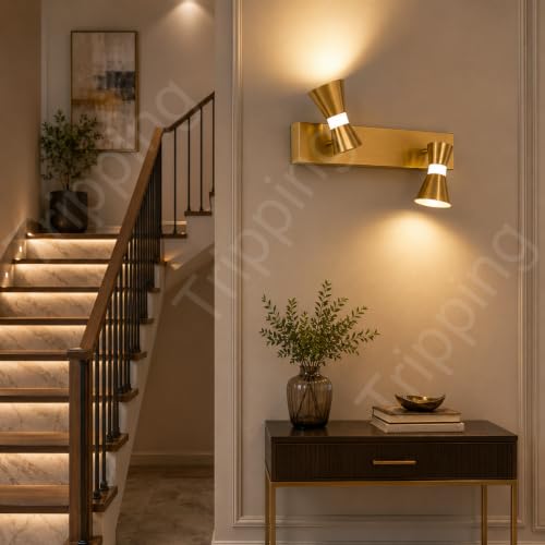Image of TRIPPING LX397 8W 3-in-1 LED Wall Light with 2 Adjustable Heads, Golden Metal Focus Spot Lamp for Dressing Table, Mirror, Bedside and Accent Wall, 30 x 15 x 7 cm