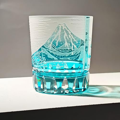 suigetsu Crystal Luxury Whiskey Glass, Mount Fuji Design, Japanese Style Hand Cut Glass Tumblers (turquoise)