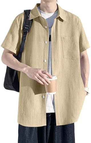Minesam Men's Short Sleeve Linen Shirt, Button Down, Summer, Solid Color, Top, Loose, Large Sizes