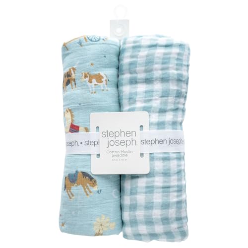 Image of Stephen Joseph Baby Swaddle Blanket, Unisex Swaddle Wrap Soft Muslin Swaddle Blankets, Receiving Blanket for Boys and Girls, 47 x 47 inches, Set of 2, Western