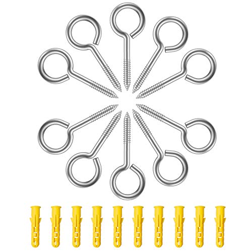 YEYIT 10 Pièces Crochets Piton à Visser Acier Inox Vis à Anneau Crochets à Oeil Boulon à œil Auto Taraudeuse Anneau Vis avec Tubes d'expansion M5 x 65 MM Pour Bois DIY Artisanat Plafond Cintres Cover