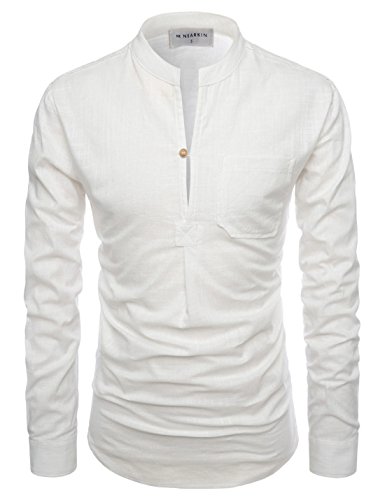 NEARKIN (NKNKN351 Henley Neck Light Weight Chinese Collar Cool Linen Shirts Ivory US XXXL(Tag Size 3XL)