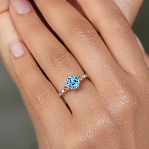 Gem Stone King 925 Sterling Silver and 10K Rose Gold Round Swiss Blue Topaz with Diamond Accent Engagement Ring For Women (1.41 Cttw, Gemstone Birthstone, Available In Size 5, 6, 7, 8, 9)3