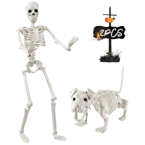 YUJUN 36'' Halloween Skeleton Decoration with Dog Skeleton, 3ft Full Body Posable Skeleton Realistic Plastic Bones Movable Joints for Halloween Party Yard Haunted House Props Indoor Outdoor Decor