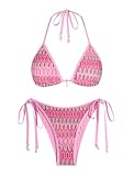 ZAFUL Women's Colorblock Stripes Triangle Halter Tied Cheeky Thong Bikini Set High Cut Two Piece Bathing Suit (2-Pink, M)