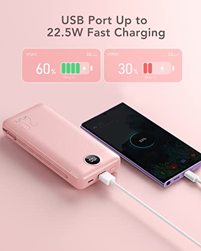VRURC Portable Charger 20000mAh, Fast Charging Power Bank USB C,4 Output 2 Input Travel Essentials Charging Bank Equipped with LED Display,Built-in Wall Plug and Cables,Phone Charger Battery,Pink3