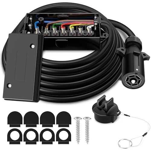8Ft 7 Way Trailer Plug with Junction Box, 7 Pin Trailer Wiring Harness with Detachable Plug, Heavy Duty Waterproof 7 Pin Trailer Plug Wire for RV Camper
