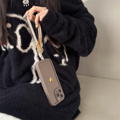 Coque silicone iPhone 14 Pro marron café avec cordon cœur