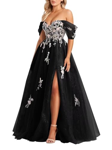 Tulle Embroidery Prom Dresses for Women 2025 Sparkly Off The Shoulder Corset A-Line Formal Ball Gown with Slit