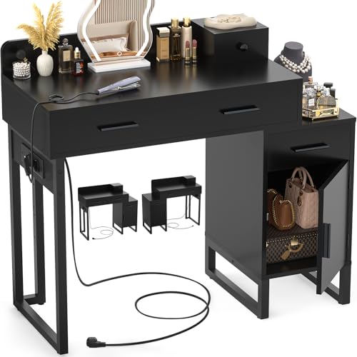 iSunirm Coiffeuse sans Miroir avec Station de Charge (Prises & USB) – Bureau Coiffeuse Réversible, 4 Tiroirs, Meuble Rangement Maquillage –Noir