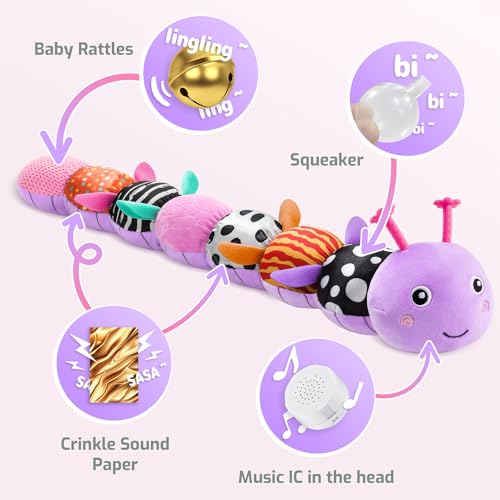 Image of Sumobaby Infant Baby Musical Stuffed Animal Toys for 0-3-6-12 Months,Multi Sensory Toys with Crinkle and Rattles, Tummy Time Toys for Newborn Boys Girls, Caterpillar, Purple
