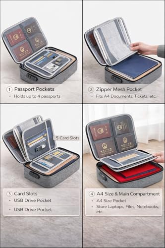 Image of Travel Document Organizer Bag with Lock, Waterproof Multilayer File Storage Case, Grey Oxford Cloth, 37x27x10 cm, for Certificates Passports Cards