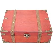 Treasure Chest Box, Vintage Large Capacity Treasure Box, Reinforced Corners Wood Rectangle Treasure Chest, for Postcards Photos JewelryMedium SizeRed