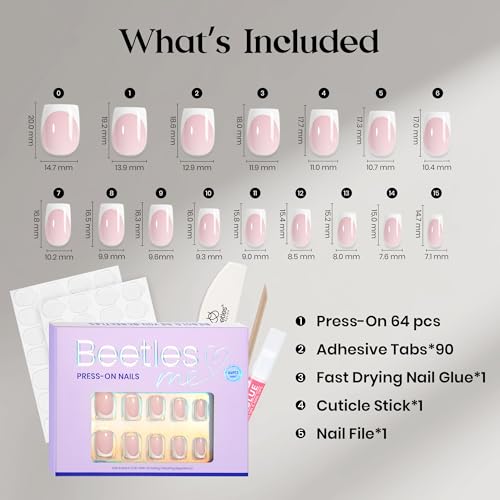 Image of Beetles Pink French Tip Press on Nails - Short Square, 64 PCS 16 Sizes | Nail Glue & Adhesive Tabs, Salon-Quality Natural Nails, 10-Minute Easy Daily Application, All-in-One Complete Kit