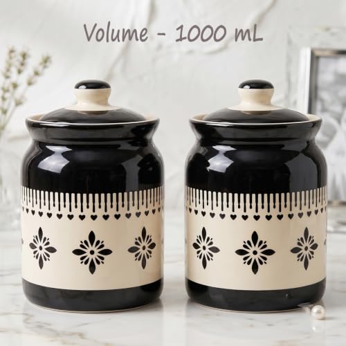 Image of D'Maiolica Ceramic Handmade Pickle Jars in 1000ml (set of 2) | Floral Bale 1 kg Achaar Martban | Ceramic Jadi for Kitchen Storage (Set of 2) | Jars for Achar, Spices, Salt (Midnight Blossom Heartline)