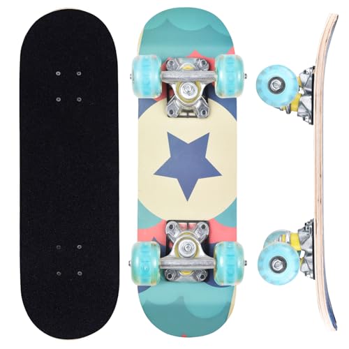 ERNAN Skateboard,Monopatín Completo Profesional de 17 x 5 Pulgadas,7 Capas Monopatín de Madera de Arce con Rodamiento ABEC-7 para Niño Niña (Star)