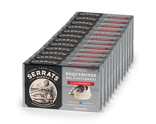 CONSERVAS SERRATS - Boquerones del Cantábrico a la Vinagreta Artesanal Tradicional - 12 Latas x 100g (Total: 1200g) - Macerados en Vinagre - Limpieza Manual - Sin Espinas – Gourmet