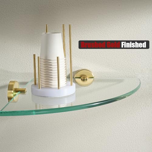 JQK Corner Glass Shelf, Brushed Gold Bathroom 304 Stainless Steel Shower Triangle Floating Wall Shelf, 10 x 10 Tempered Glass, 2 Pack TGS190L10-BG-P2 by JQK - Used condition - Image 4