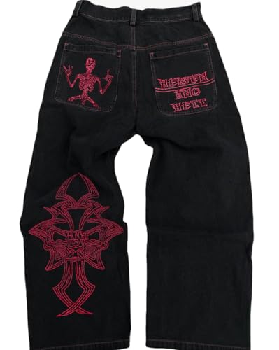 OATSBAS Y2K Beggy Jeans for Women Men Denim Pants Skull Embroidery Gothic Jeans Straight Wide Leg Trouser (Medium,Black-red)