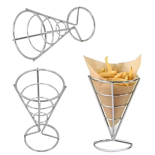 Image of Jicyor Stainless Steel Chip Stand, Pack of 3 Cone Shape French Fries Holder Stand, Durable Silver Chip Stand for Families, Restaurants, Cafés, Bars, Snack Bars, Weddings, Parties
