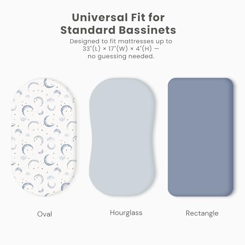 Image of Konssy 3 Pack Stretchy Bassinet Sheets for Baby Girl Boy, Soft Breathable Baby Bassinet Mattress Sheets Fit for Hourglass Oval Cradle, Moses Basket Rectangle Mattress (Blue Moon)