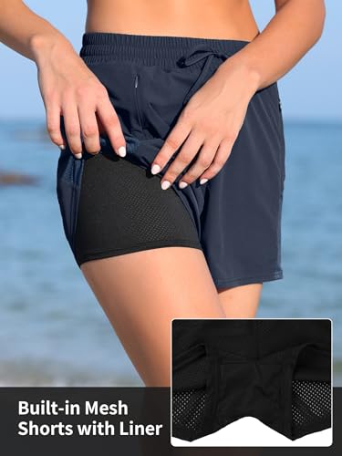 Image of ATTRACO Women's 3 inch High Waisted Swim Board Shorts Pleated Summer Beach Shorts with Pockets