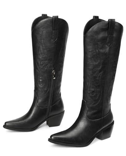 Image of Pasuot Western Cowboy Boots for Women - Knee High Wide Calf Cowgirl Boots, Slip On Pointed Toe Chunky Heel Fashion Retro Classic Pull On Tall Boot for ladies Party concert