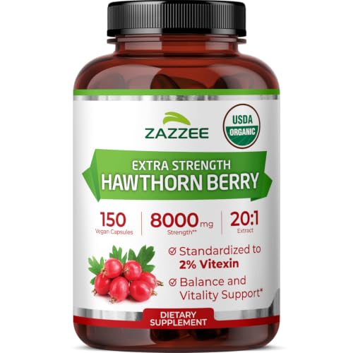 Zazzee USDA Organic Hawthorn Berry 20:1 Extract 2% Vitexin 150 Capsules