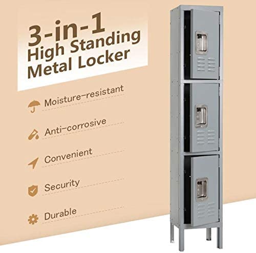 Invie Metal Locker For Employees,Metal Storage Locker With 3 Doors For Kids Students,Grey Steel Locker Cabinet For Home Gym Office School Garage #TOP2