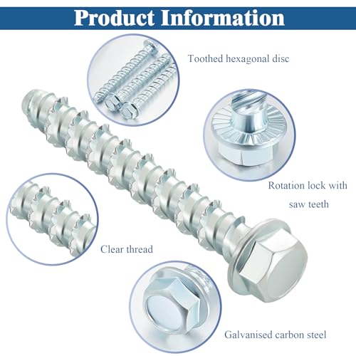 MejaRizon M8x80 Betonschrauben, 20 Stück Betonschrauben Ohne Dübel, Sechskantkopf Betonschraube verzinkt mit Scheibe für Mauerwerk, Beton, Architektur, Industrie