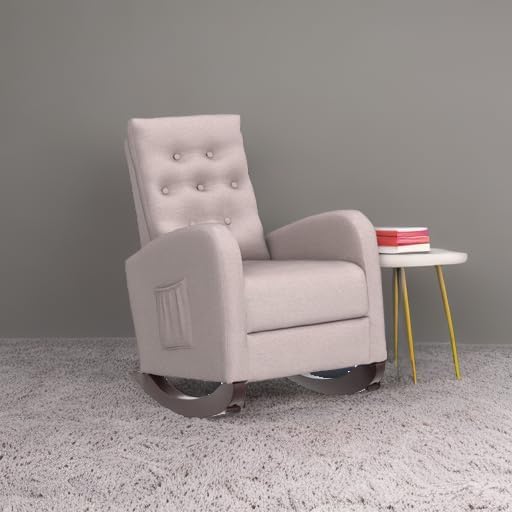 Rocking Chair Mid-Century Modern Nursery Rocking Armchair Upholstered Tall Back Accent Glider Rocker for Living Room(Tan + Cotton)