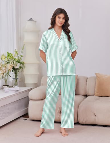 Image of Ekouaer Silk Satin Pajamas for Women Set 2 Piece Short Sleeve Button Up Pjs | Two Side Pockets,Soft Bridesmaid Lounge Set,Bridal Ruffle Sleepwear,Wedding Party,Honeymoon Vacation,Postpartum