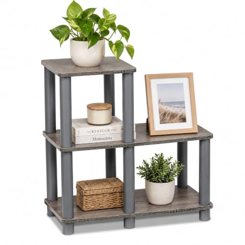 Furinno TURN-N-TUBE Storage Shelves, 2-Tier Ladder Shape Book Shelf with Open Frame Design, 3-Cube Corner Shelf, Toolless Open Shelves, Living Room, Garage, Home Office, Grey - image 1