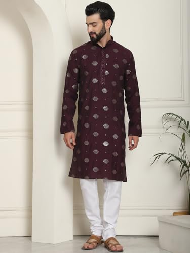 Image of SOJANYA (Since 1958 Men's Cotton Silk Sequinned Embroidered Kurta with White Pyjama