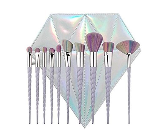Yumun 10 pieces Unicorn Makeup Brush Set Vaired Color Bristles Include Diamond Bag Premium Synthetic Kabuki Makeup Brush Set