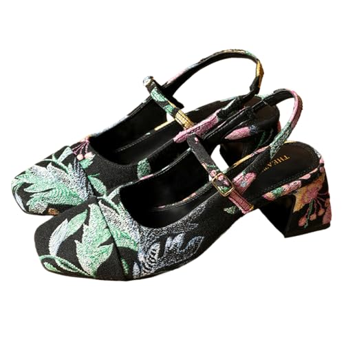 Image of Theater Women Twiggy Mary Jane Block Heel Sandals with Square Toe and Adjustable Buckle Slingback | Cushioned Comfort for Office & Formal Wear