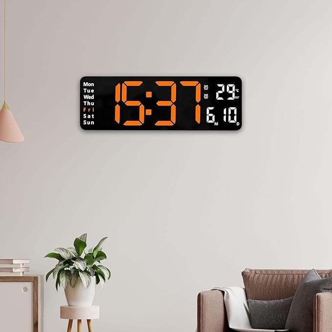Image of LED Digital Wall Clock Hanging, Auto-Adjustable Brightness, Easy to Read at Night12 /24Hr Auto-Adjustable Brightness Temperature,for Bedroom,Living Room,Office. (Orange)