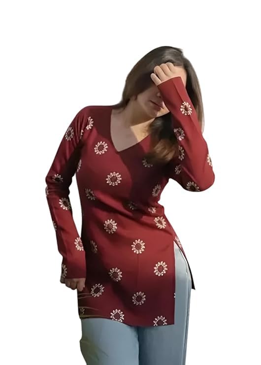 Image of Rayon Short Kurti for Women |Maroon V Neck Casual Summer Kurti Top | Daily & Office Wear | Stylish Short Kurti for Jeans & Leggings
