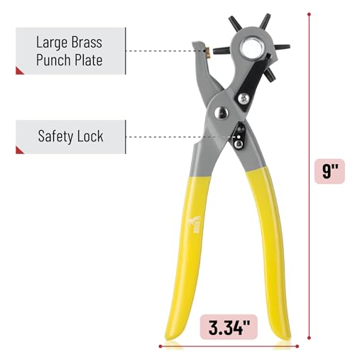 Image of UNCO- Leather Hole Punch Tool, Multi Hole Sizes for Belts and Leather, Belt Hole Puncher, Yellow Handle