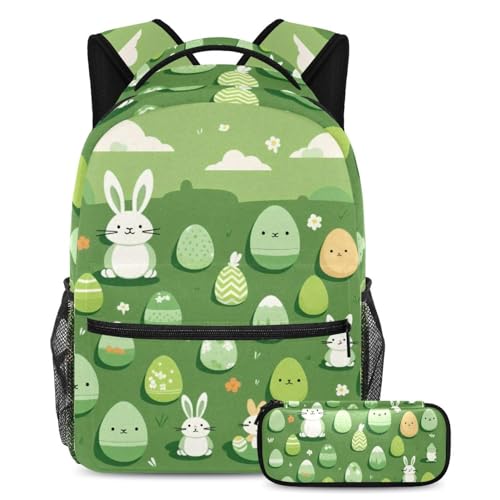 Sacs d'école enfants motif œuf de lapin de Pâques vert format 29x20x40cm