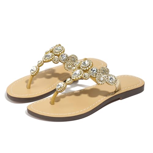 Image of Rhinestone Sandals for Women - Sparkly Jeweled Bling Thong Flip Flops, Dressy Gemstone Flat Sandals for Wedding, Party, Beach & Summer Outfits
