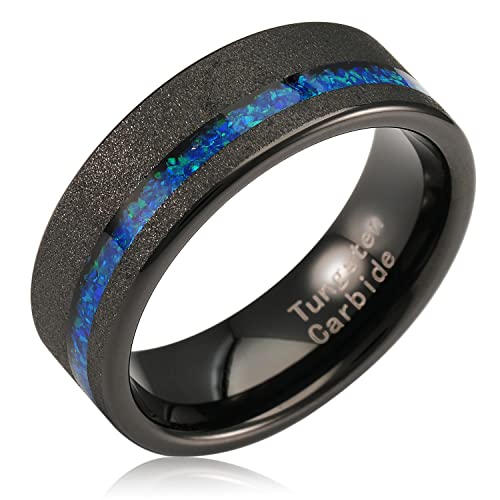 100S JEWELRY Engraved Personalized Tungsten Rings For Men Blue Opal Inlay Black Sandblast Wedding Engagement Promise Band Sizes 6-16