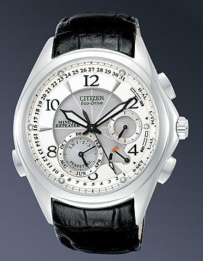 Citizen BL9000-08A Eco-Drive Minute Repeater watch with a cream dial, black subdials, and a black leather strap.