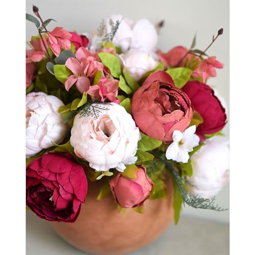 Image of FiveSeasonStuff Burnt Pink and Dusty Pink Vintage Artificial Peonies Silk Flowers and Hydrangeas for Wedding Bridal Home Decor - Beautiful Floral Centerpiece Bouquet (Fireside Romance)