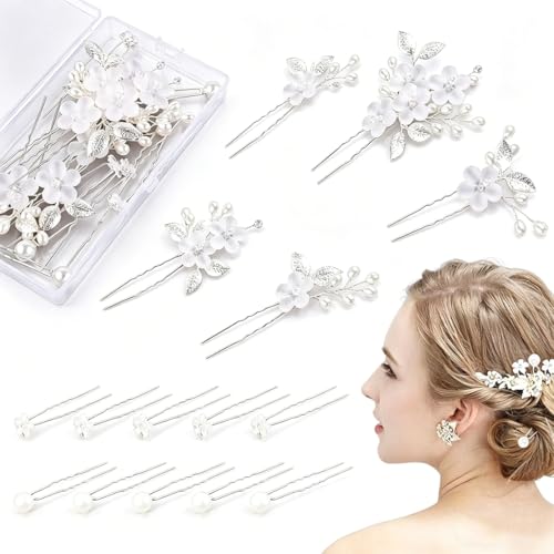 Set di 15 accessori per capelli da sposa in argento, accessori per capelli da sposa con perle e fiori, forcine a forma di U per spose e damigelle